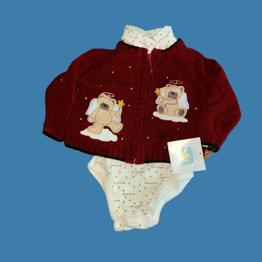 First Moments 2 piece set - front zip Angel 🧸 teddy sweater and onesie NWT